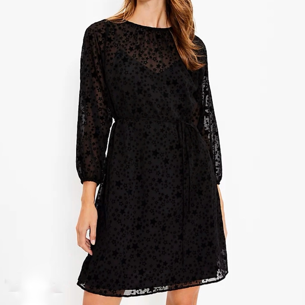 Loft Velvet Star Overlay Waist Tie Long Sleeve Mini Dress Black 2021-SP